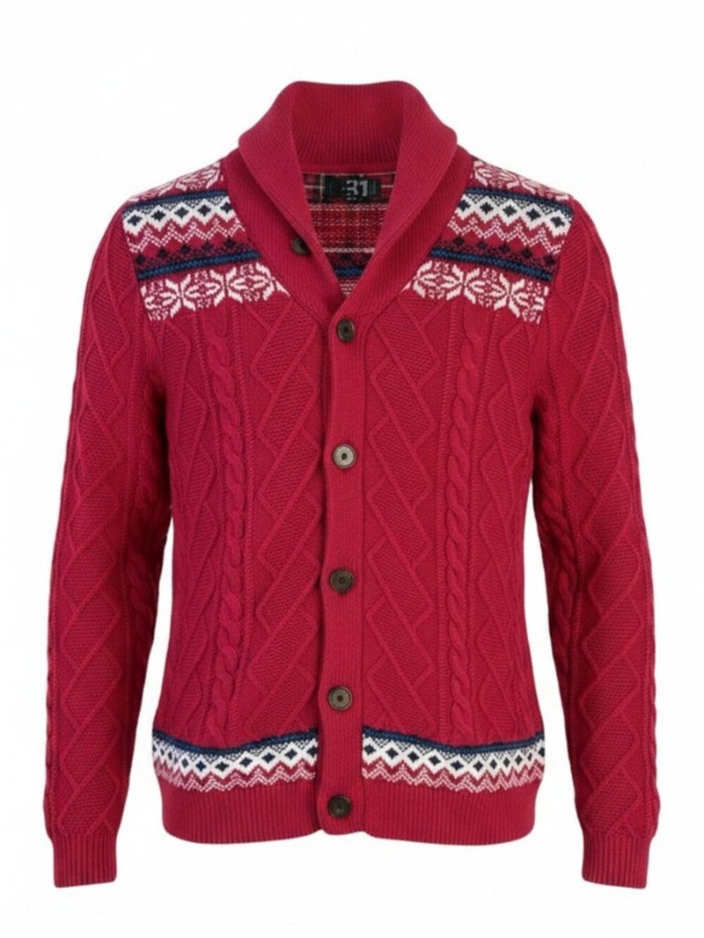 LE 31 SIMONS Red Fair Isle Shawl Collar Cotton Cardigan m